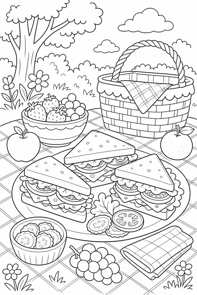 Summer Food Picnic Sandwiches coloring page