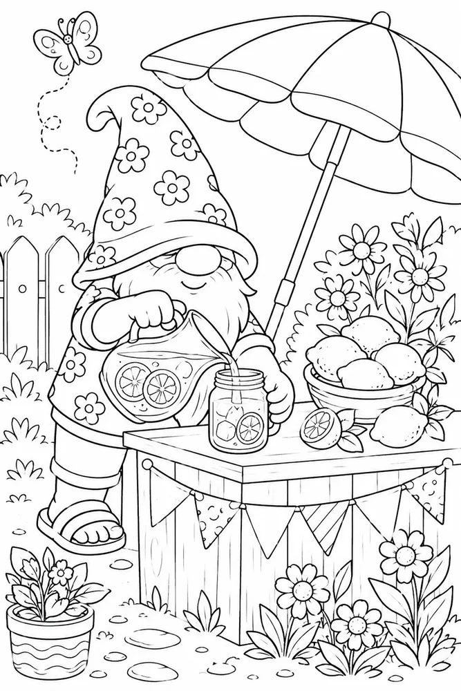 Summer Gnome Summer gnome activity scene coloring page