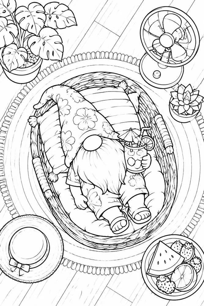 Summer Gnome Summer gnome cozy indoor moment coloring page