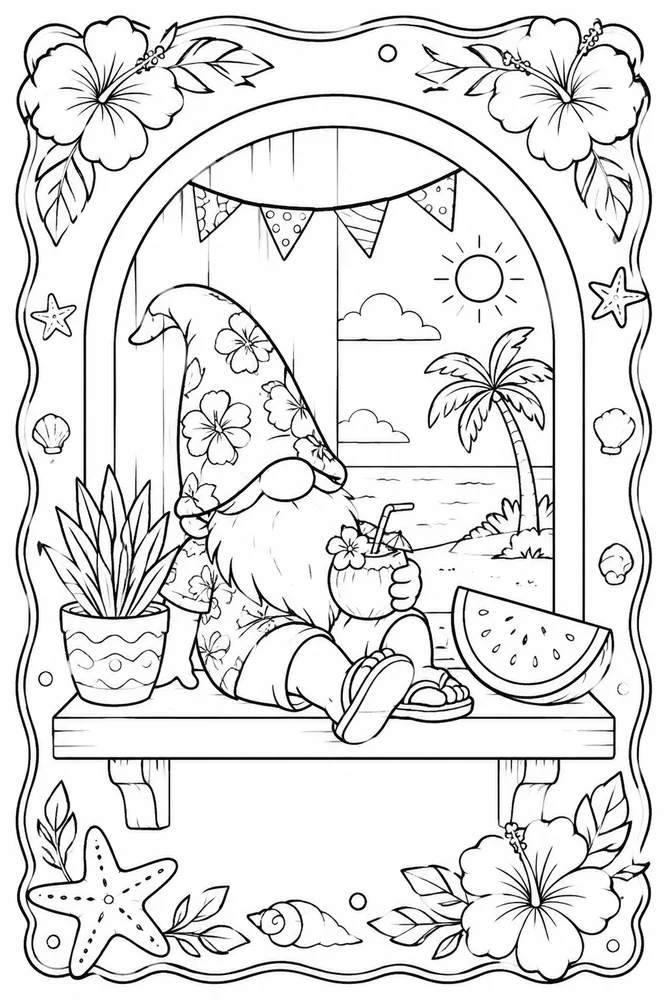 Summer Gnome Summer gnome decorative border coloring page