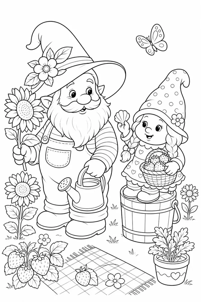 Summer Gnome Summer gnome family scene coloring page