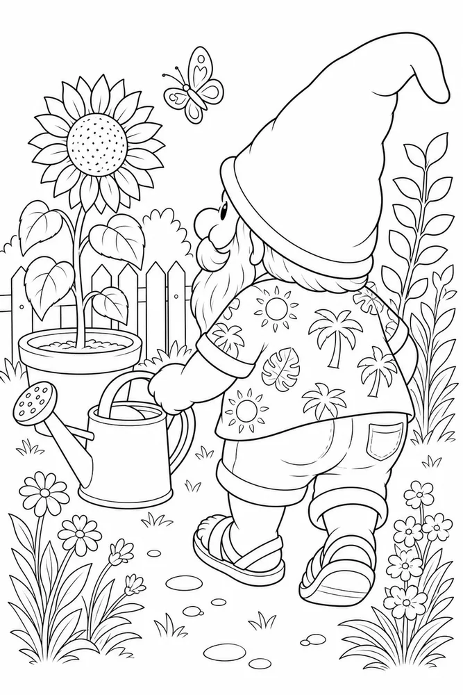 Summer Gnome Summer gnome garden setting coloring page