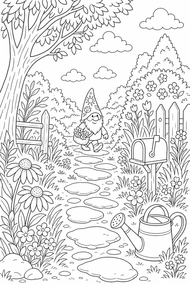 Summer Gnome Summer gnome outdoor path coloring page