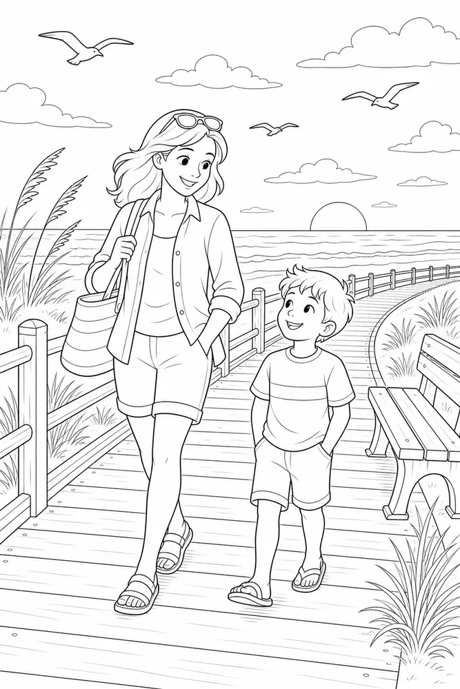 Summer Vacation Boardwalk Stroll coloring page