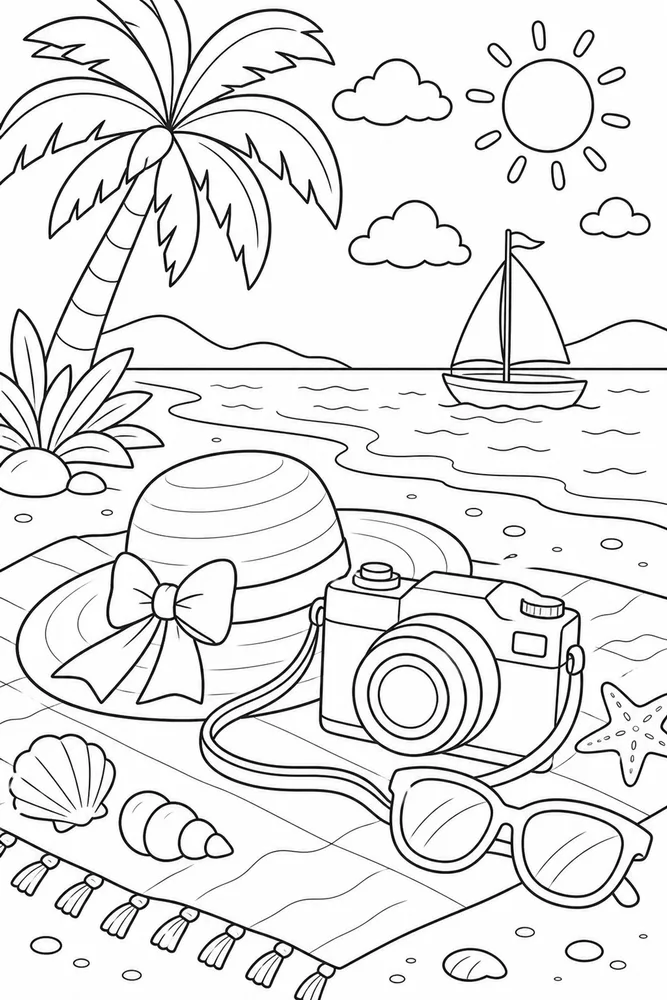 Summer Vacation Camera And Hat coloring page