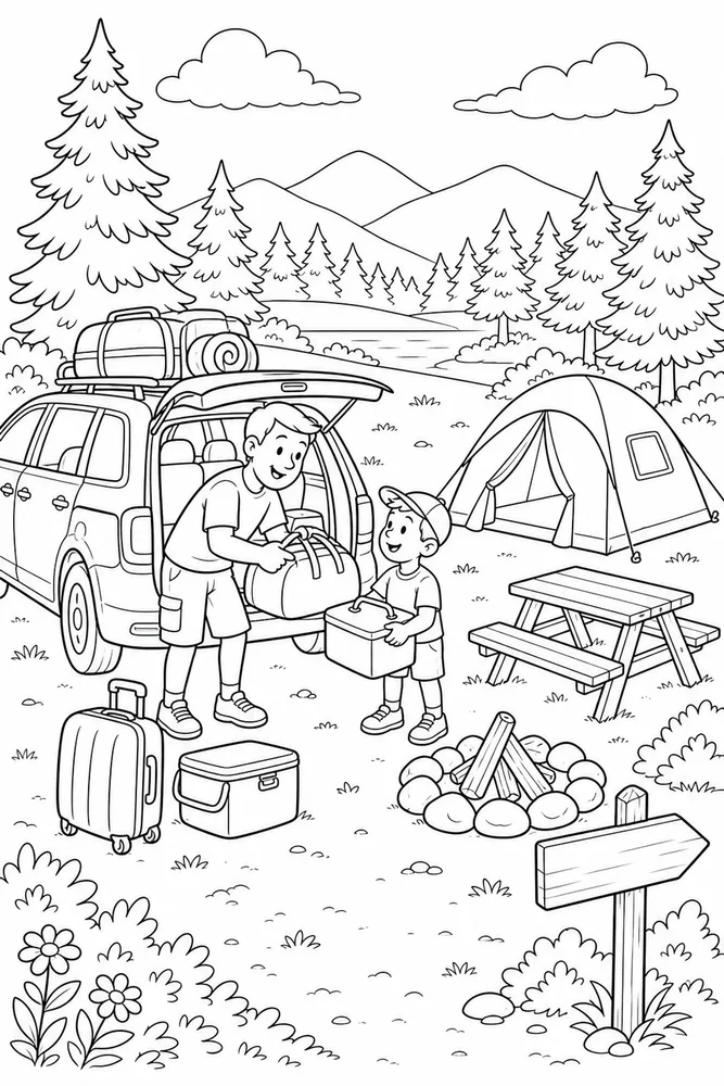 Summer Vacation Campground Arrival coloring page