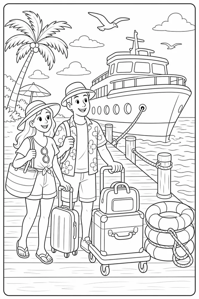 Summer Vacation Ferry Dock coloring page