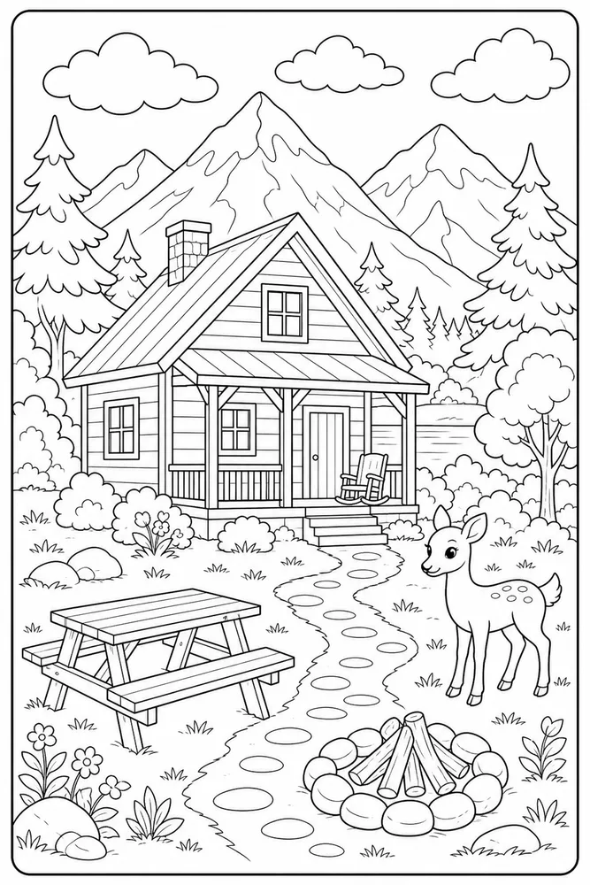 Summer Vacation Mountain Cabin coloring page