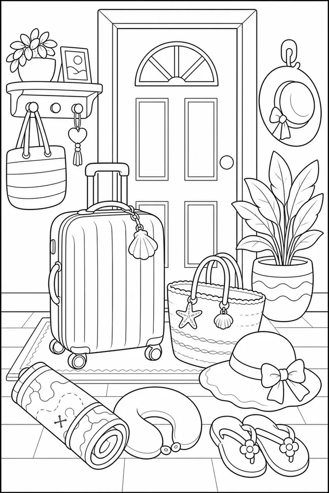 Summer Vacation Suitcase By Door coloring page