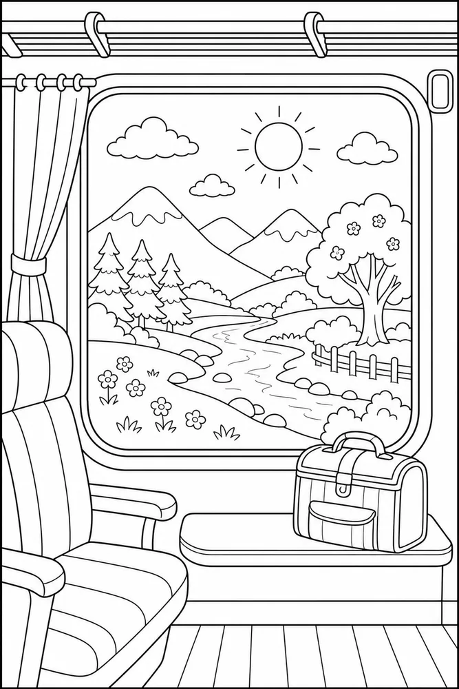 Summer Vacation Train Window coloring page