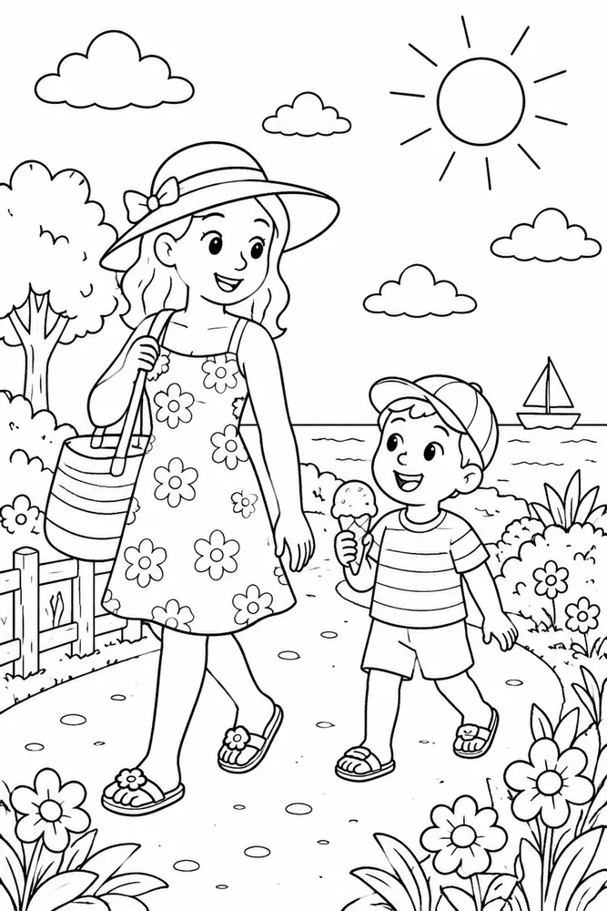 Summer Weather Summer weather family scene coloring page