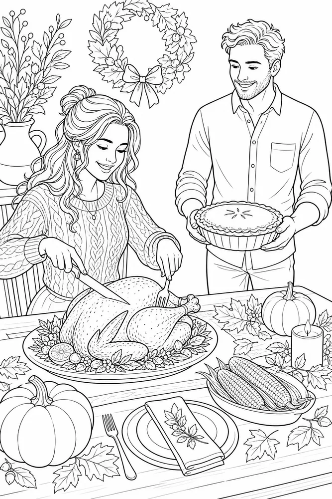 Thanksgiving for Adults Thanksgiving for adults family scene coloring page