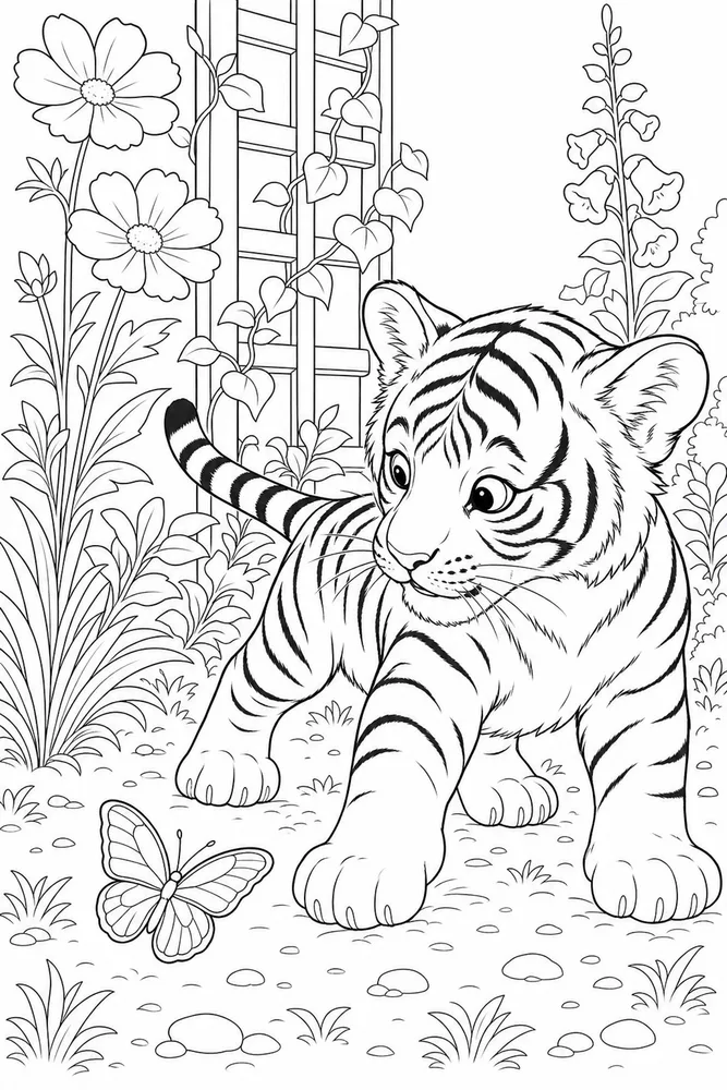 Baby Tiger Baby tiger garden setting coloring page