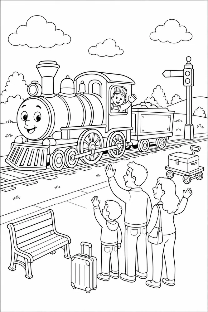 Easy Train Easy train family scene coloring page