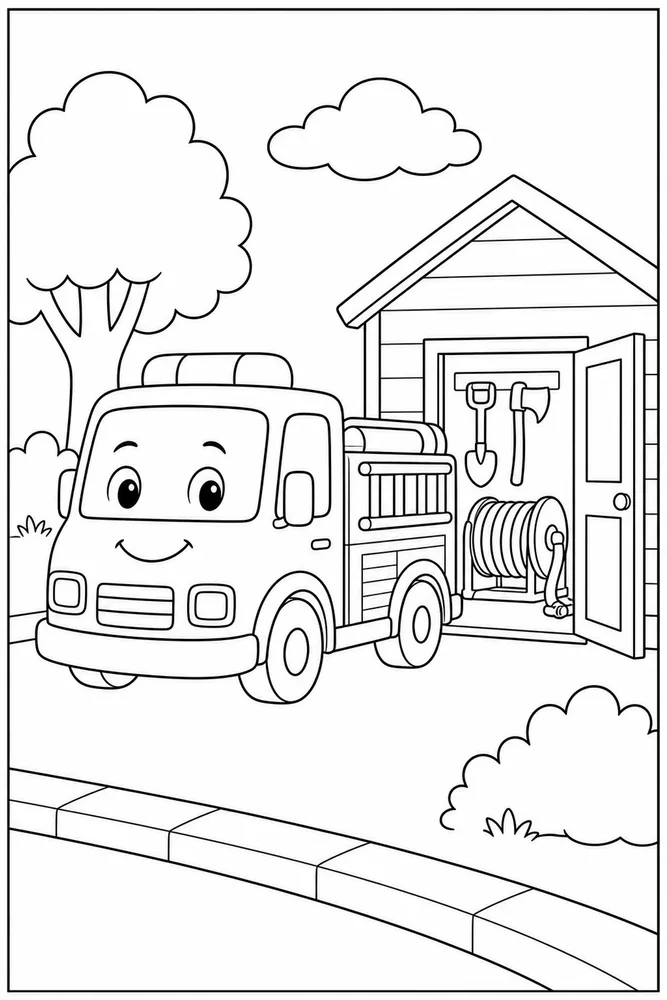 Fire Truck Fire Truck Tool Shed coloring page