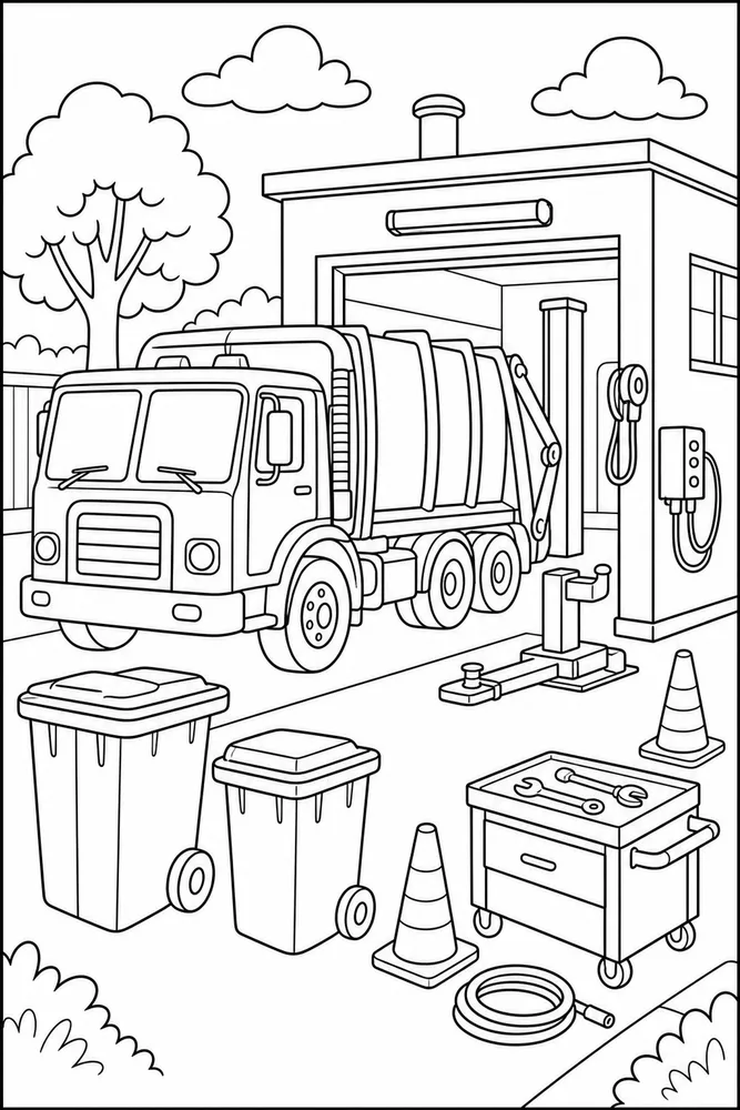 Garbage Truck Garbage Truck Service Station coloring page