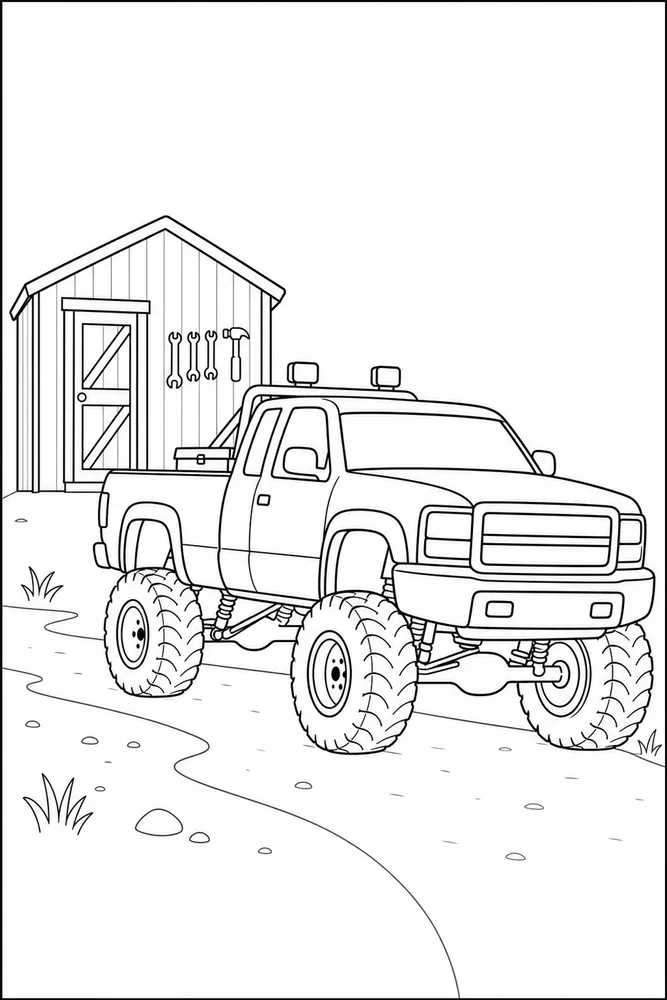 Lifted Truck Lifted Truck Tool Shed coloring page