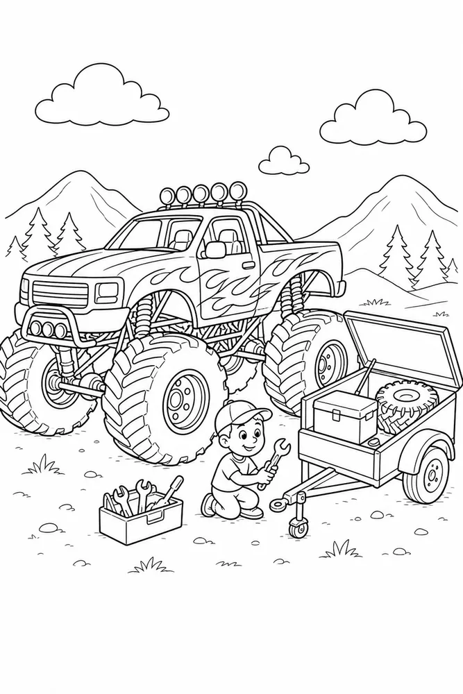 Monster Truck Monster truck family scene coloring page