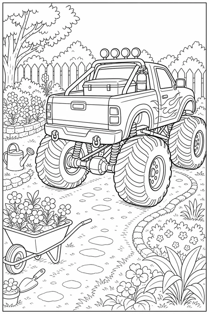 Monster Truck Monster truck garden setting coloring page