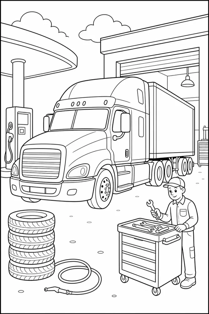 Semi Truck Semi Truck Service Station coloring page