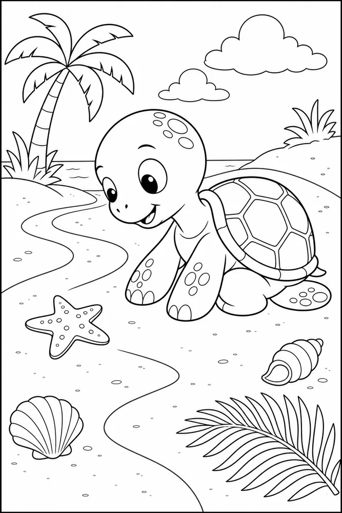 Cartoon Turtle Coloring Pages preview: Cartoon Turtle Cartoon Turtle Beach Path coloring page