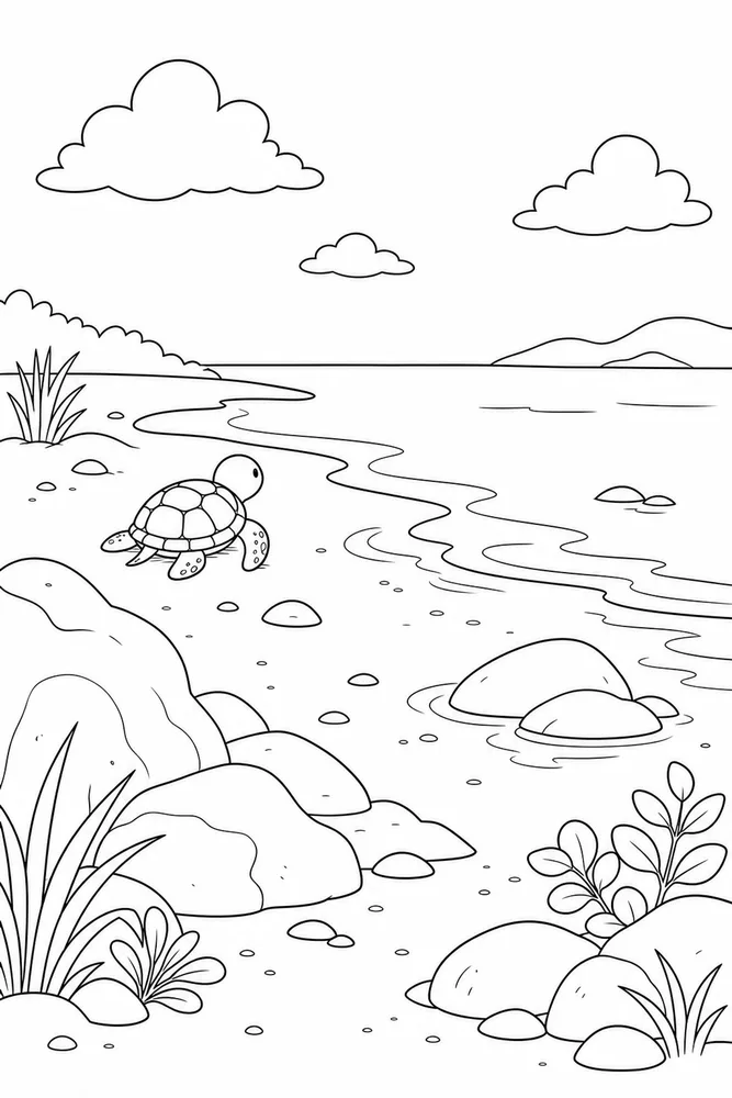 Cartoon Turtle Cartoon Turtle Shoreline Scene coloring page