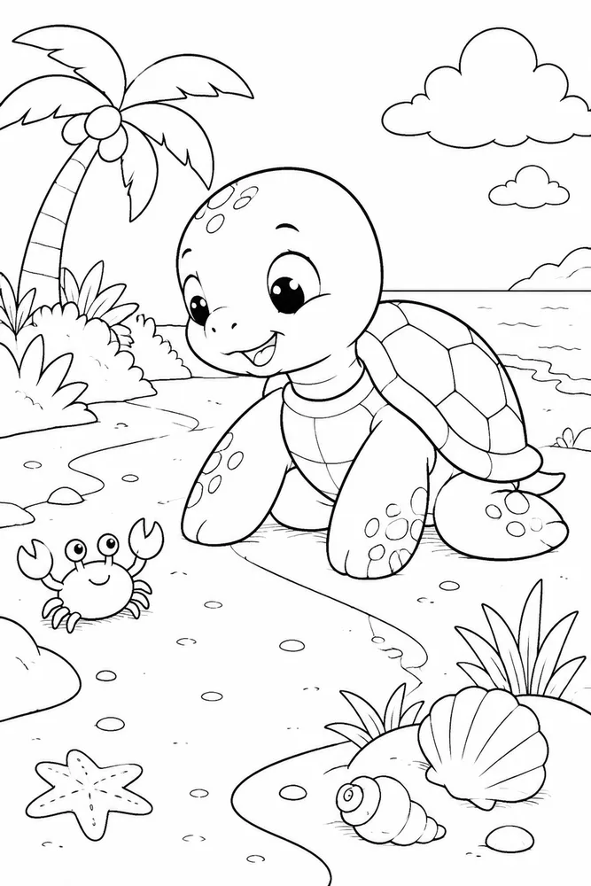Kawaii Turtle Coloring Pages preview: Kawaii Turtle Kawaii Turtle Beach Path coloring page