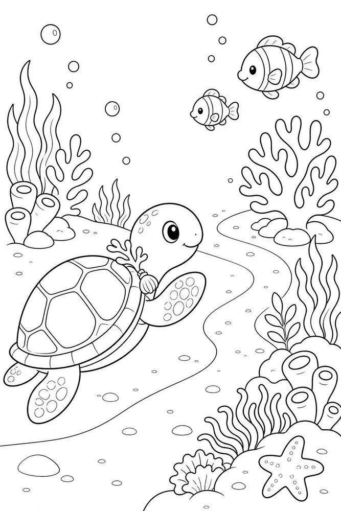 Kawaii Turtle Kawaii Turtle Reef Swim coloring page