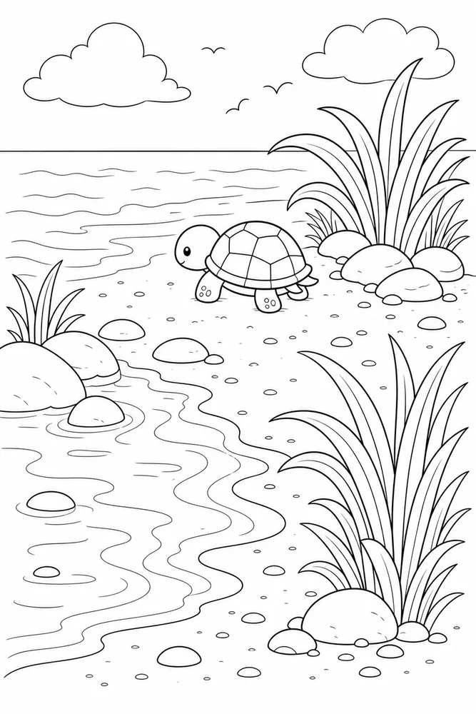 Kawaii Turtle Kawaii Turtle Shoreline Scene coloring page