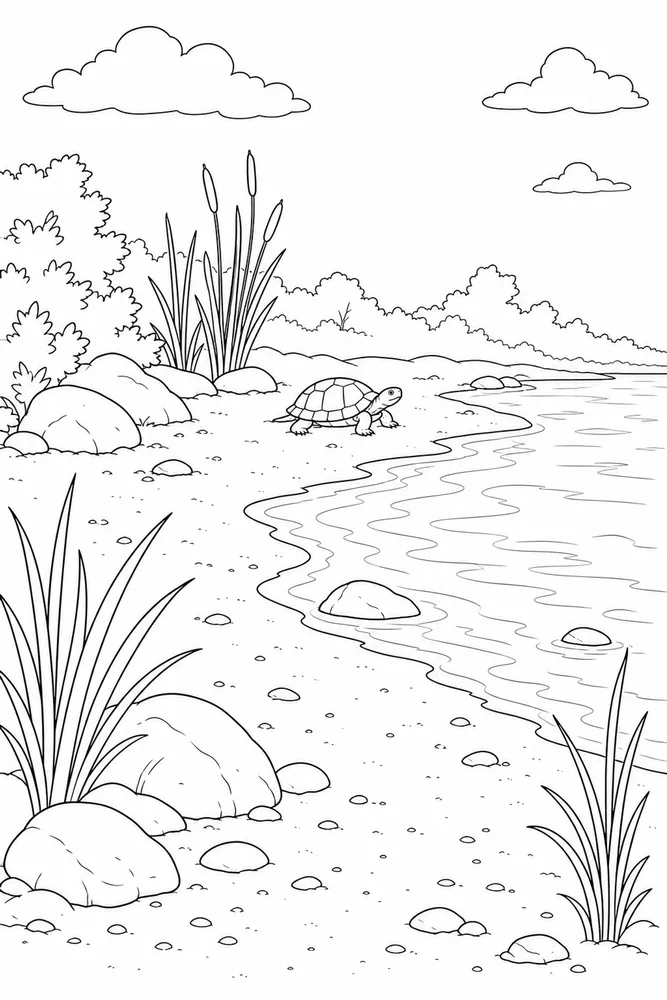 Realistic Turtle Realistic Turtle Shoreline Scene coloring page