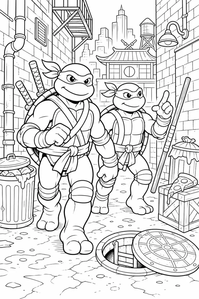 Teenage Mutant Ninja Turtles Alley Patrol printable coloring page for kids