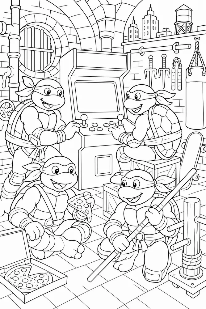 Teenage Mutant Ninja Turtles Arcade Hideout Scene printable coloring page for kids