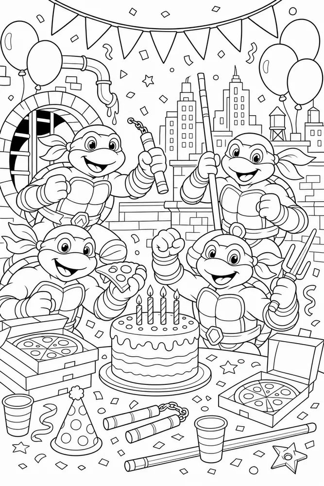 Teenage Mutant Ninja Turtles Birthday Party Scene printable coloring page for kids