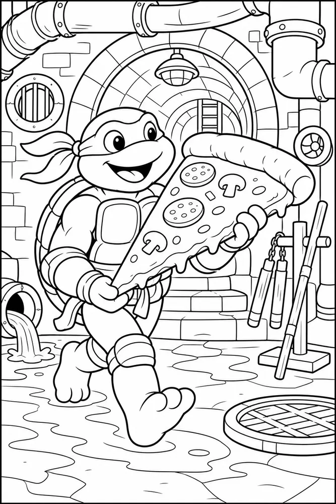 Teenage Mutant Ninja Turtles Carrying Pizza Slice printable coloring page for kids