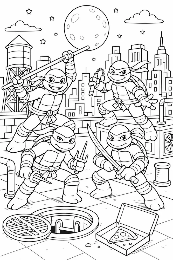Teenage Mutant Ninja Turtles City Rooftop Scene printable coloring page for kids