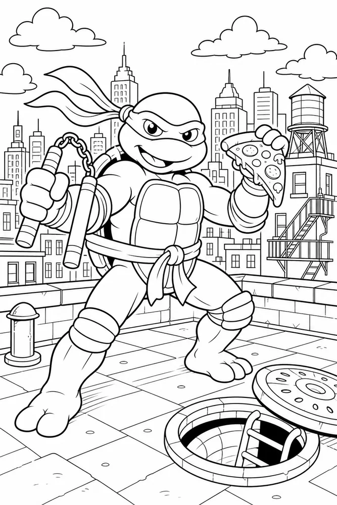 Teenage Mutant Ninja Turtles City Skyline Turtle printable coloring page for kids