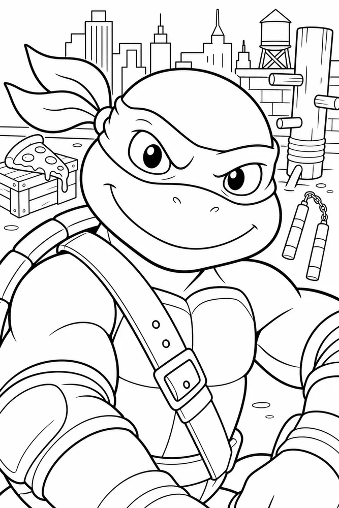 Teenage Mutant Ninja Turtles Close-Up Mask and Shell printable coloring page for kids