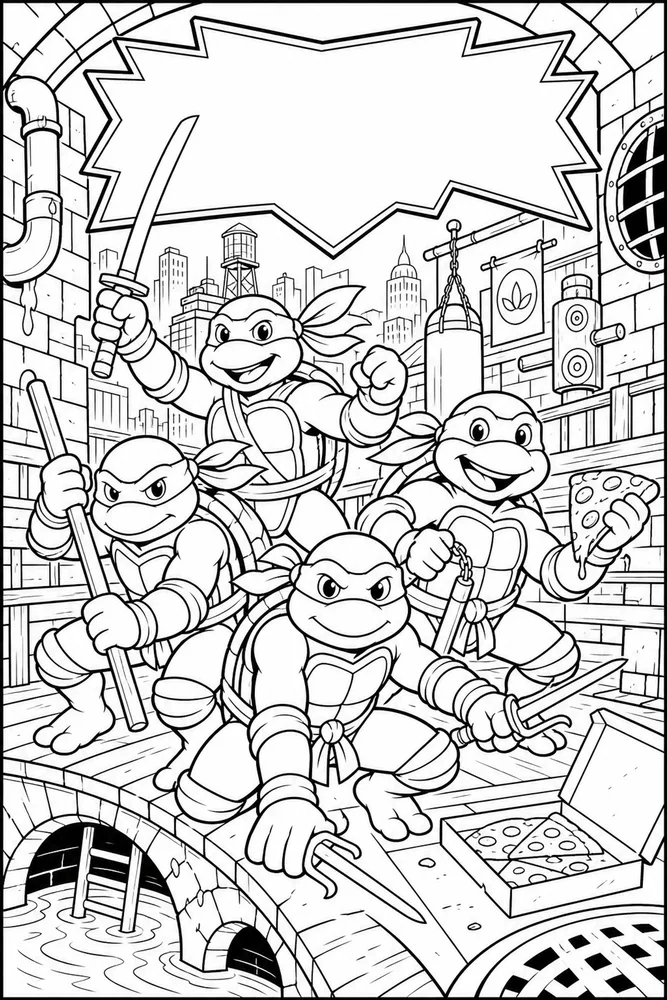Teenage Mutant Ninja Turtles Comic Cover Style No Logo printable coloring page for kids