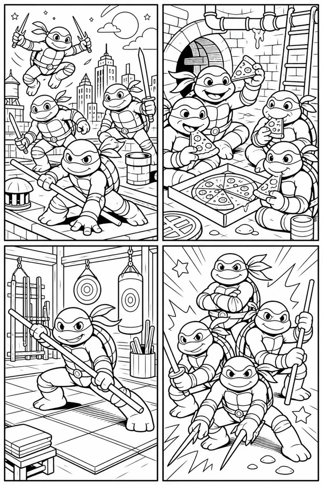 Teenage Mutant Ninja Turtles Comic Panel Layout printable coloring page for kids