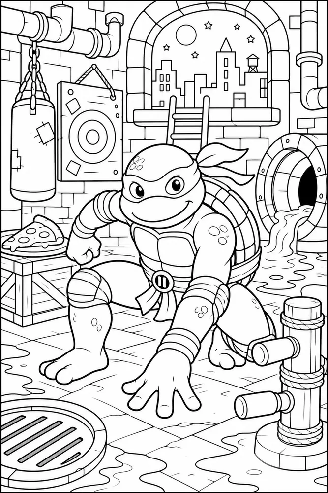 Teenage Mutant Ninja Turtles Crouching Battle Stance printable coloring page for kids