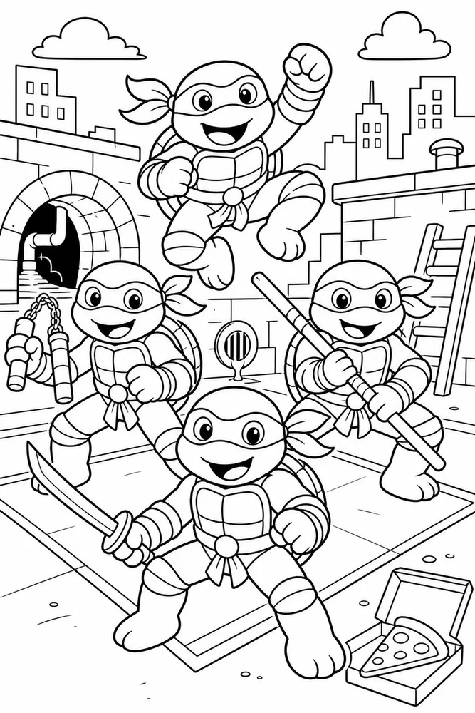 Teenage Mutant Ninja Turtles Cute Easy Team Outline printable coloring page for kids
