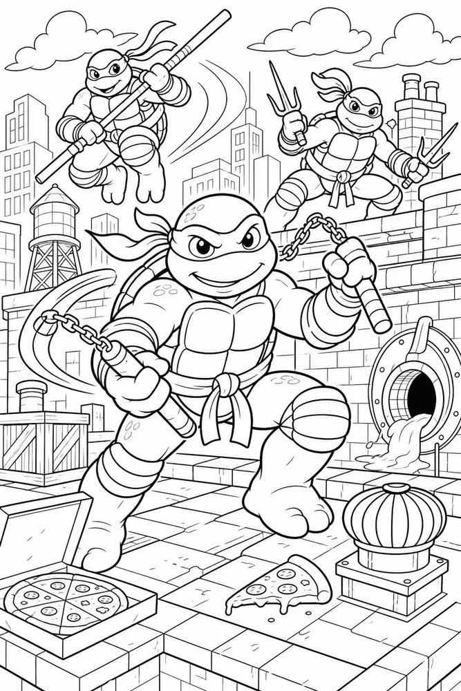 Teenage Mutant Ninja Turtles Detailed Action Page printable coloring page for kids