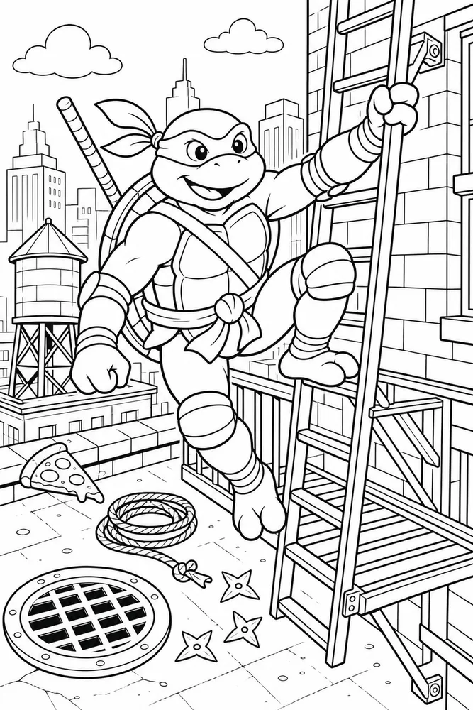 Teenage Mutant Ninja Turtles Fire Escape Scene printable coloring page for kids