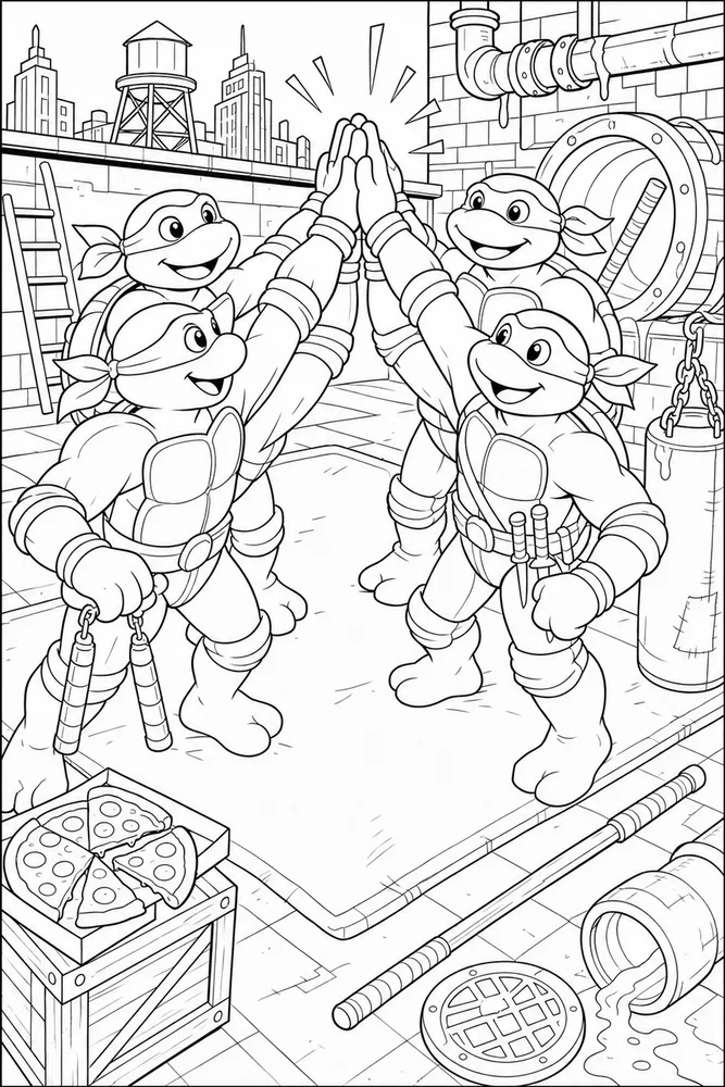 Teenage Mutant Ninja Turtles Group High Five printable coloring page for kids