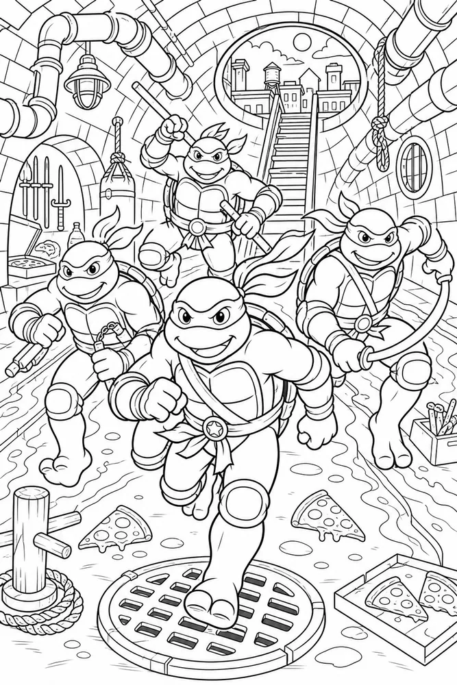 Teenage Mutant Ninja Turtles Group Running printable coloring page for kids