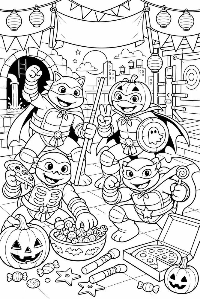 Teenage Mutant Ninja Turtles Halloween Mask Party printable coloring page for kids