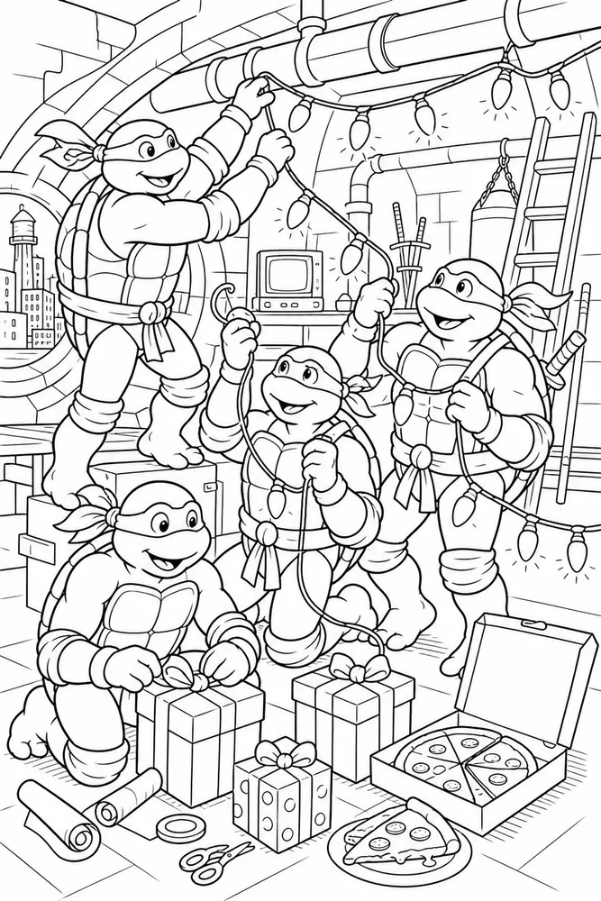 Teenage Mutant Ninja Turtles Holiday Lights Scene printable coloring page for kids