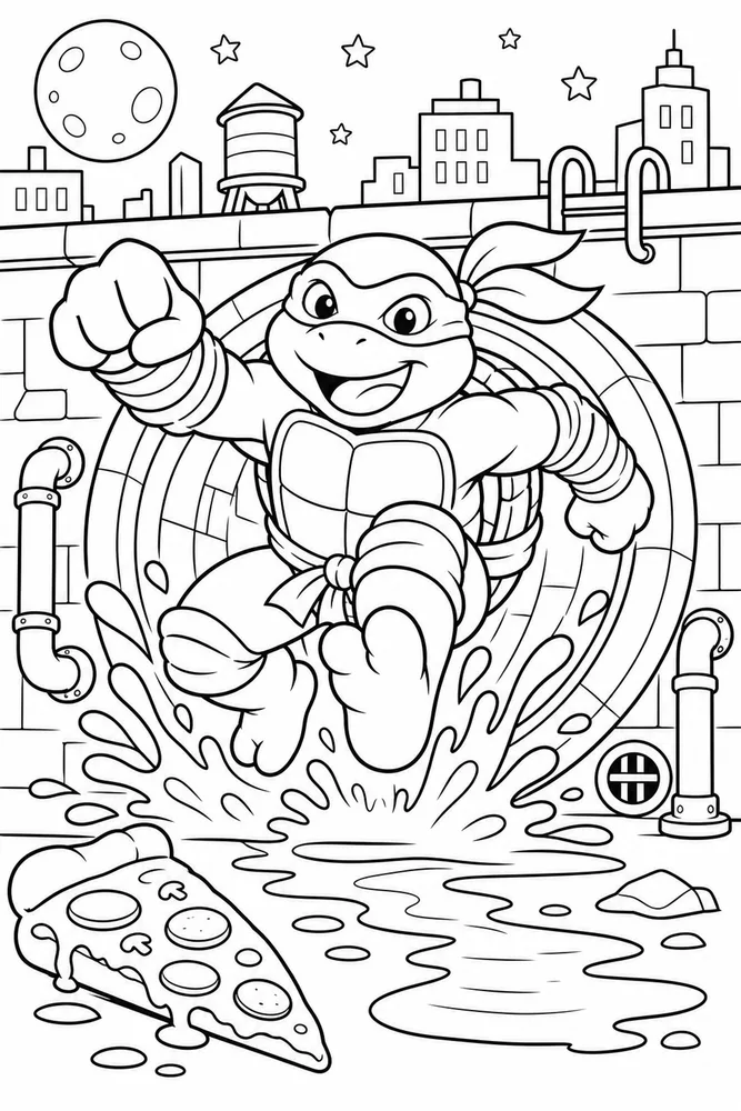 Teenage Mutant Ninja Turtles Jumping from Pipe printable coloring page for kids