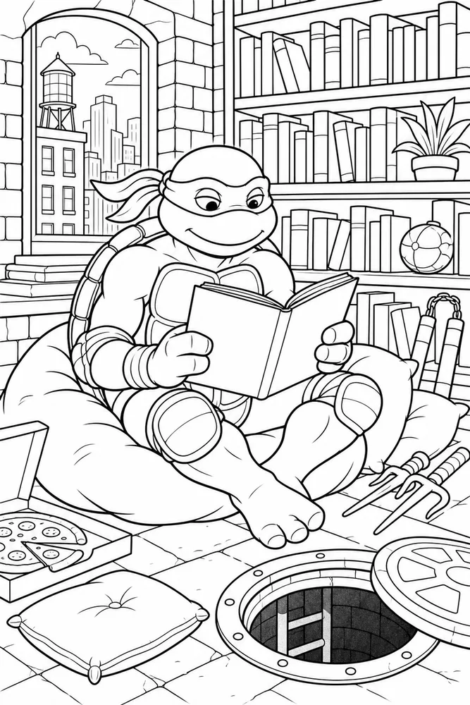 Teenage Mutant Ninja Turtles Library Reading Scene printable coloring page for kids