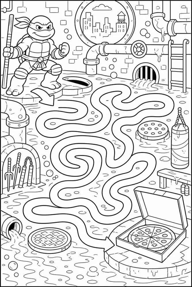 Teenage Mutant Ninja Turtles Maze Style Sewer Path printable coloring page for kids